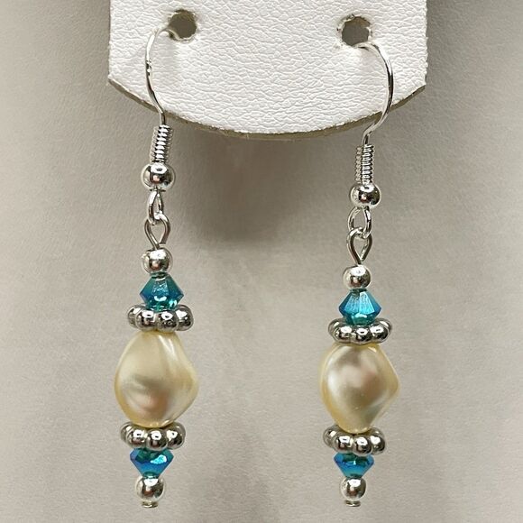 Artisan Made With Swarovski Crystal Pearl Teal Blue Beaded Dangle Earrings - Picture 1 of 6